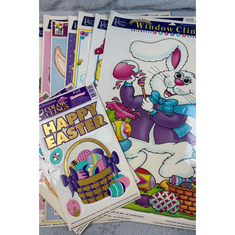 Vintage Easter Window Clings Lot 13 Sheets Bunny Eggs 1990s Impact Plastics USA